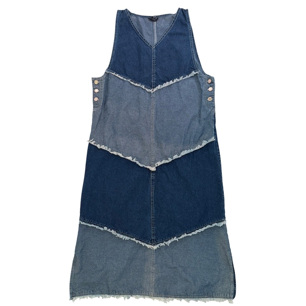 Jazzie Denim Patchwork Midi Dress Womens Medium Blue Frayed Tiered Sleeveless - Picture 5 of 14